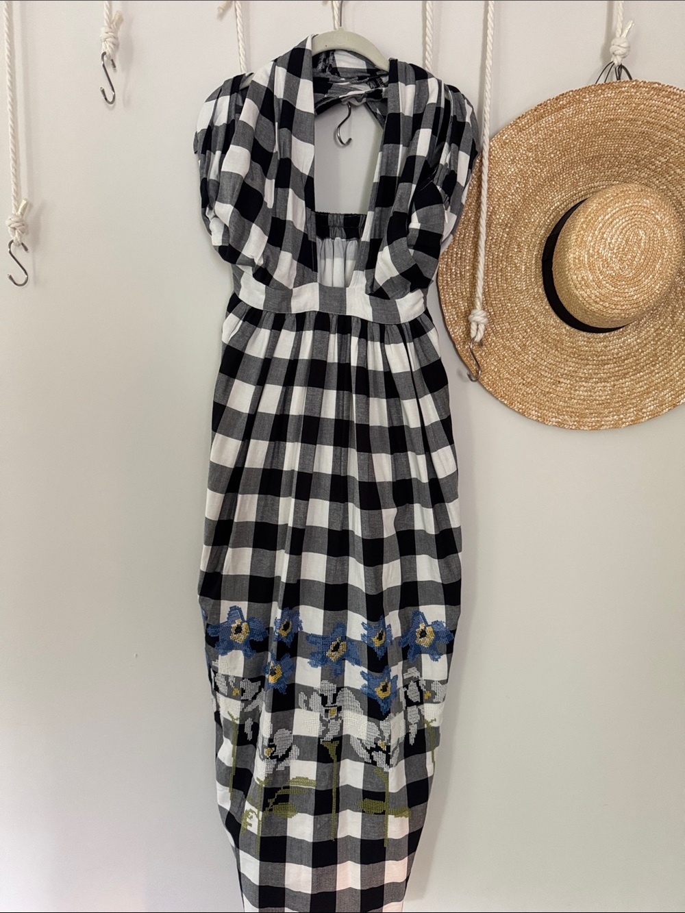 Vero Moda Black and White Check Maxi Dress with Blue Floral Border